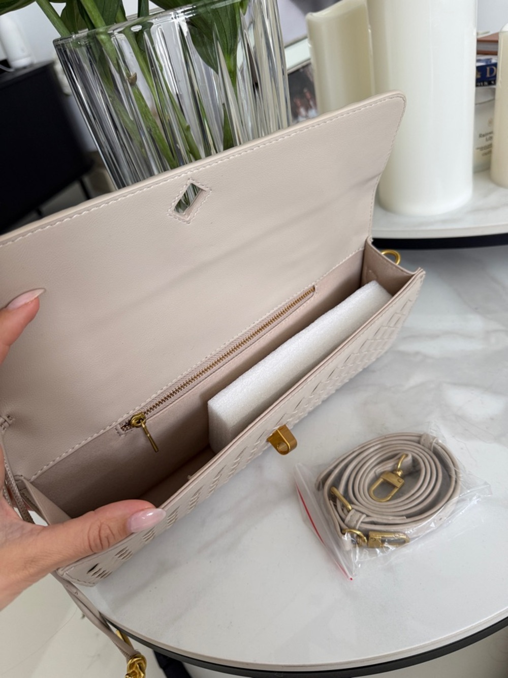 Woven Leather Top-Handle Clutch in Light Beige with Gold Hardware - Picture 3 of 4